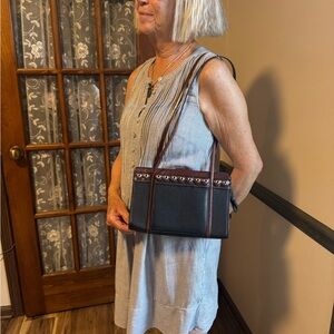 Brighton Vintage Black and Brown Leather Shoulder Bag